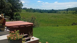 A deck with a hot tub, potted flowers, and a view of a green field. - The Lodge @ Stormy Mountain Ranch Close drive to Emience and surrounding springs (Birch Tree)