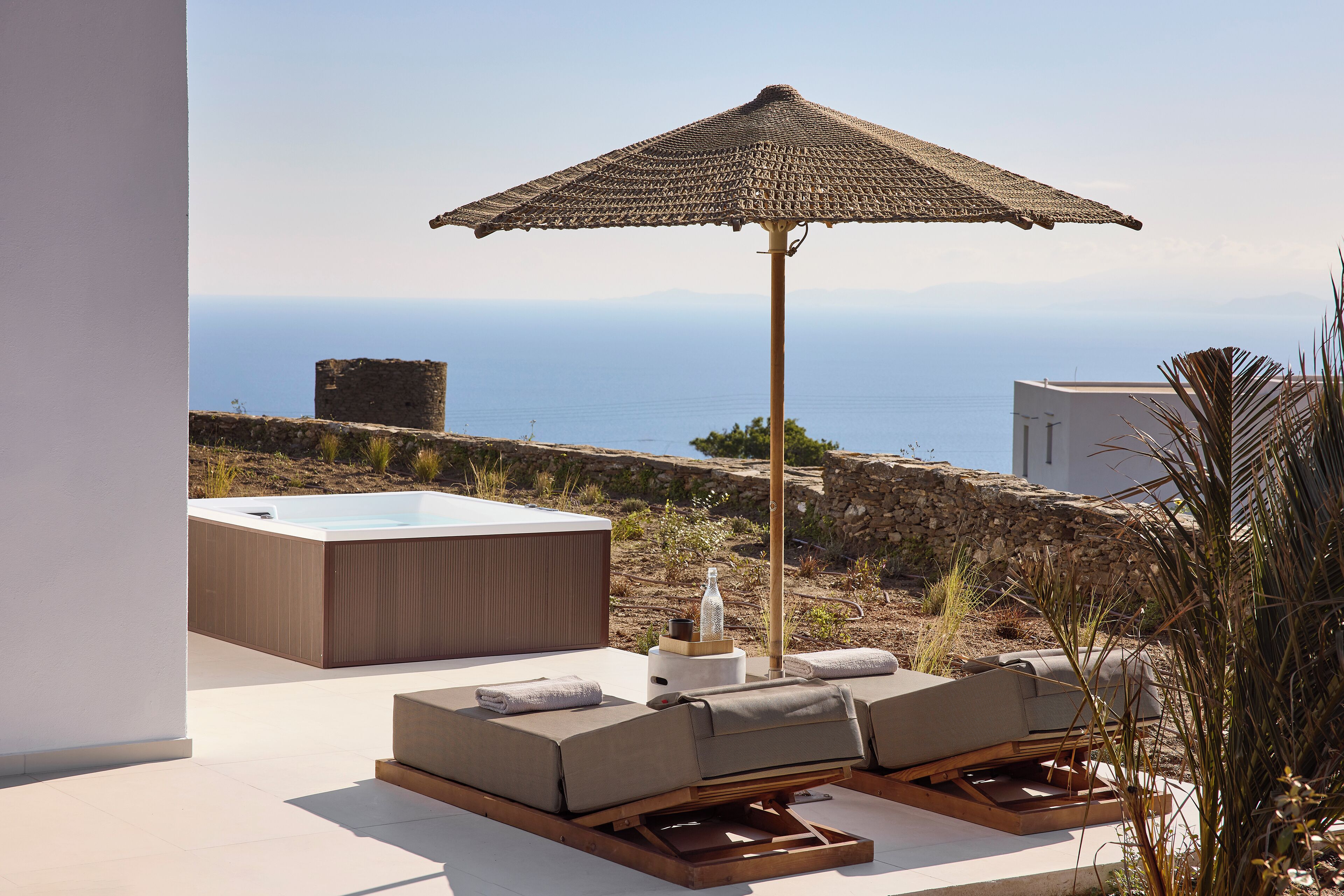 Superior Suite with Hot-tub & terrace with Side Sea View (70m from main building) | Terrace/patio