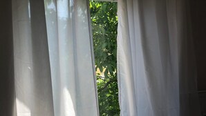 A window with sheer white curtains, allowing a view of green foliage outside. - beautiful place in the village (Elsteraue)