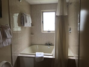 Combined shower/tub, jetted tub, hair dryer, towels