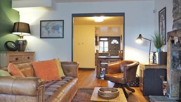 Télévision, cheminée, lecteur de DVD, vidéothÚque