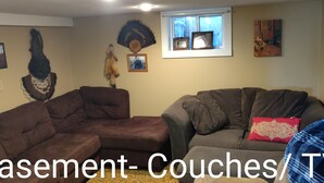 A living room with two couches and a TV.