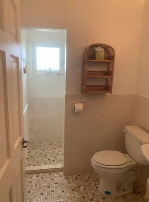 Shower, hair dryer, towels, toilet paper