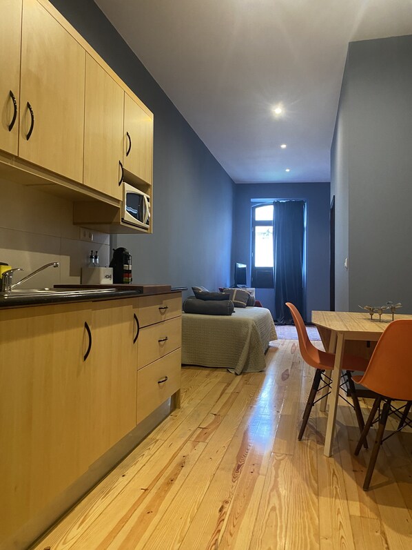 Cozy apartment with a bed, kitchenette, and living area.