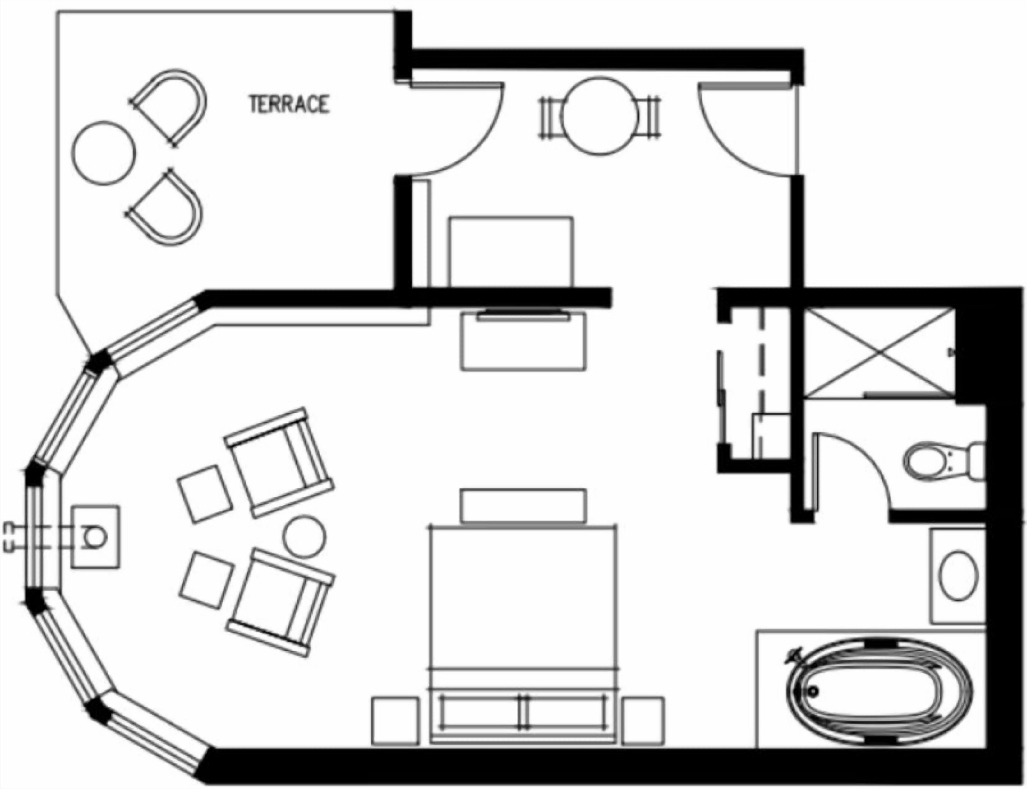 Plànol d'una habitació d'hotel amb terrassa, un llit, un bany i zona de dinar.