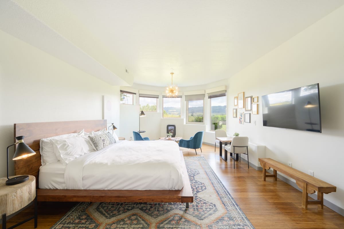 A modern bedroom with a large bed, a TV, and a view of the outdoors through large windows.