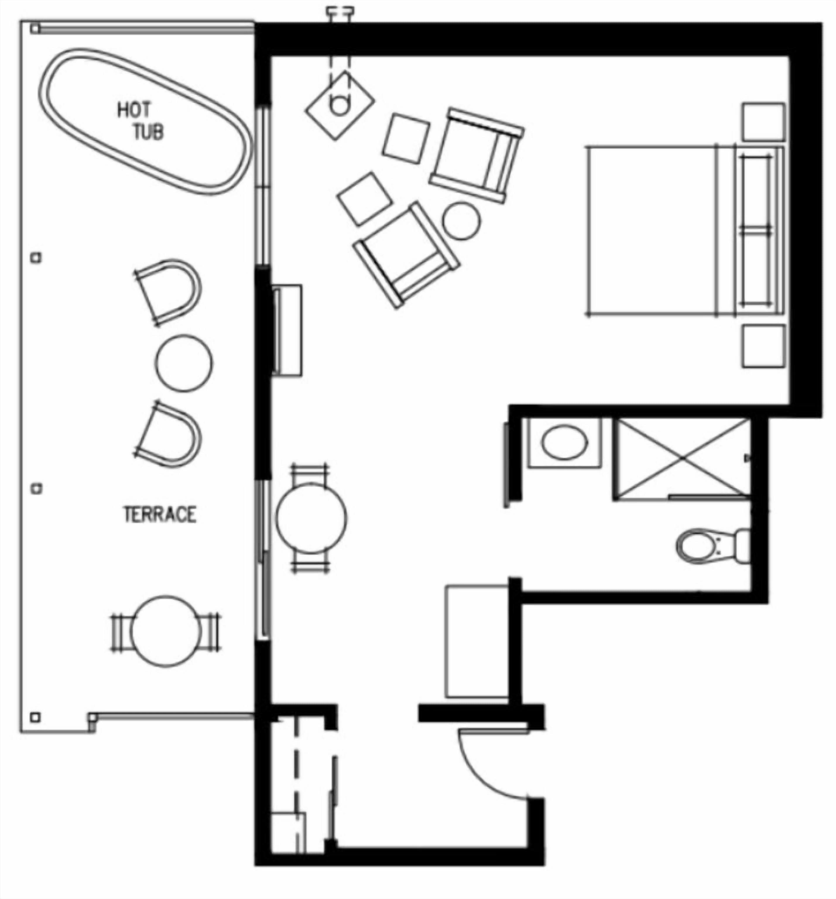 A hotel room layout with a hot tub, terrace, and a seating area with tables and chairs.