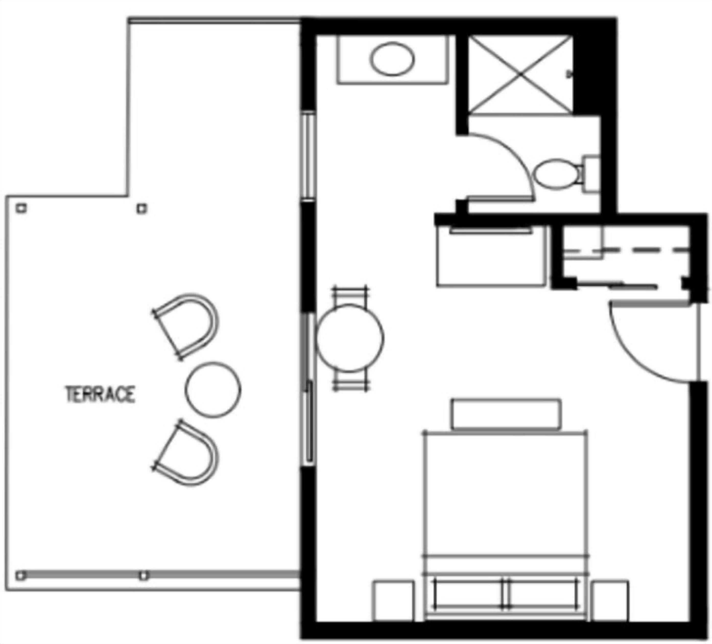 Een plattegrond met een terras, een keuken, een badkamer en een slaapkamer.
