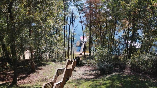 Un escalier en bois menant à une jetée au bord d’un lac, entouré d’arbres.