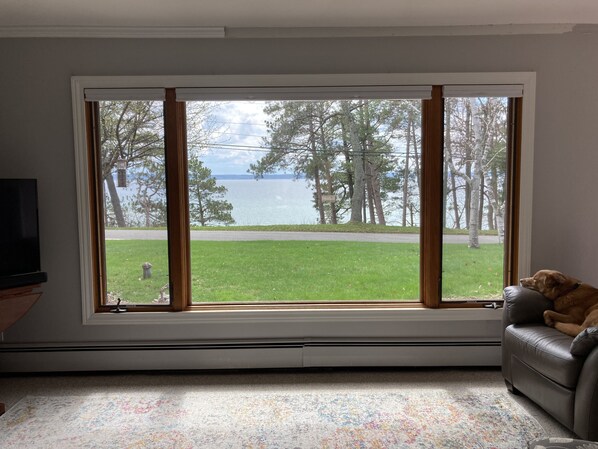 Ein Zimmer mit großem Fenster und Blick auf einen See und Bäume.