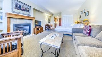 Smart TV, fireplace, DVD player, books