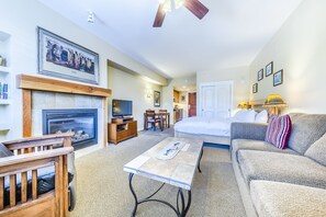 Smart TV, fireplace, DVD player, books