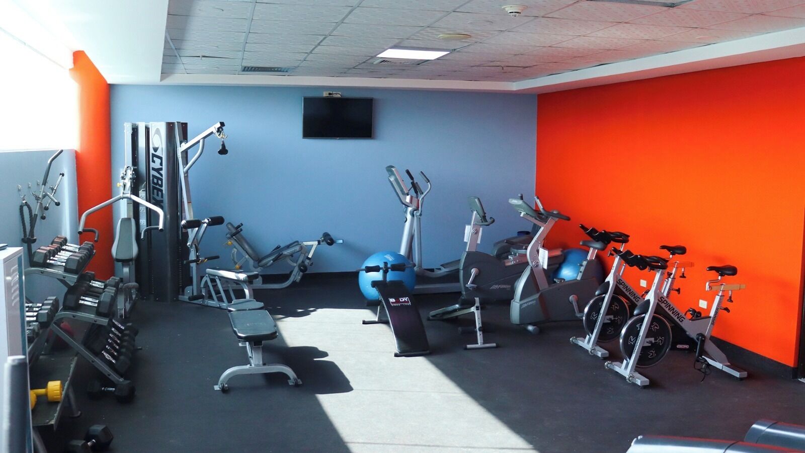 A gym with various exercise equipment, including treadmills, stationary bikes, and weight machines.