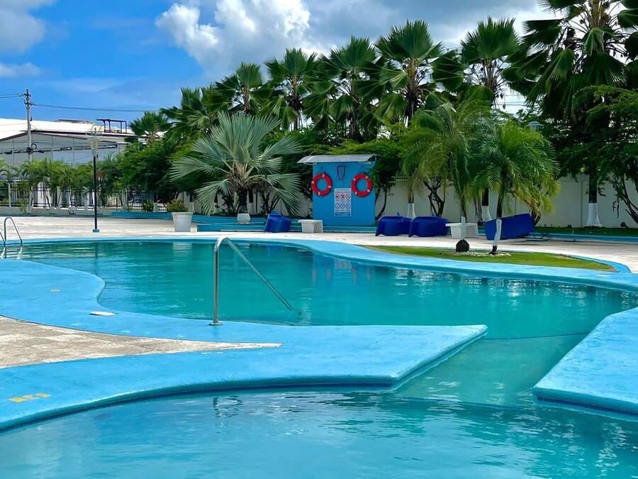 Piscina com água azul, cercada por palmeiras e um edifício azul com boias.