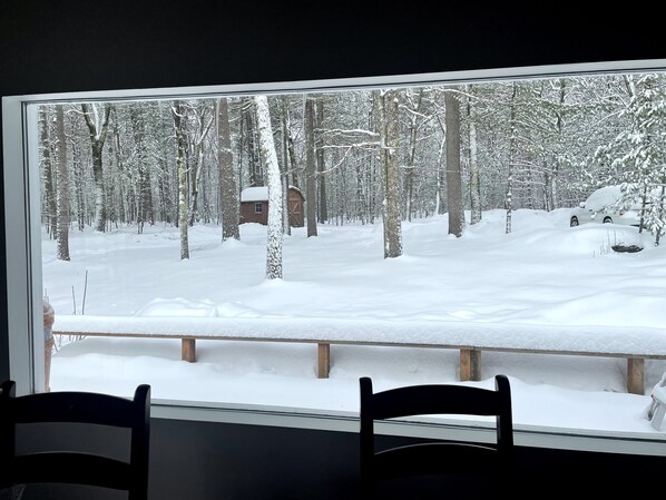 A view of a snowy forest through a window with two chairs in the foreground.