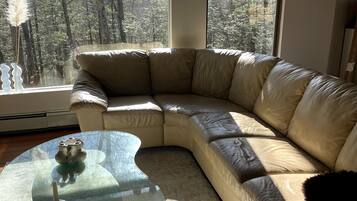 Smart-tv, eldstad, böcker och ett musikbibliotek