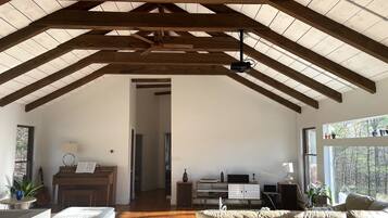 Smart-TV, peis, bøker og musikkbibliotek