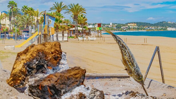 A beach with a rocky foreground, palm trees, and a clear view of the sea. - Nice home in La Cala de Mijas (La Cala de Mijas)