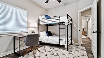 3 bedrooms, memory foam beds, desk, iron/ironing board