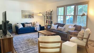 TV connectée, cheminée, livres, chaßne hi-fi