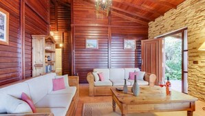 A wooden interior with a sofa set, a coffee table, and a stone wall. - Villa Mimosa, mountain views, pool, fast Wi-Fi, garden and terrace; parking available (Arafo)