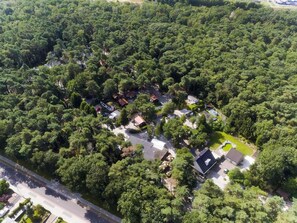 Vue aérienne d’un quartier résidentiel où les maisons sont entourées d’une végétation luxuriante.