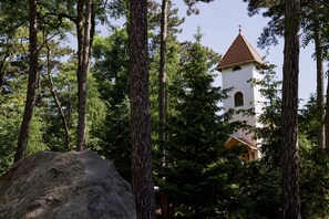 A white church with a red roof surrounded by tall trees.