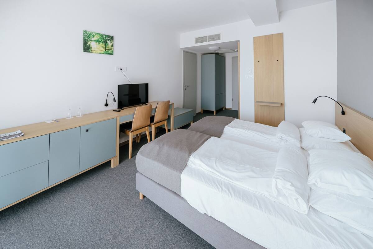 A hotel room with a bed, a desk, a chair, a television, and a wardrobe.