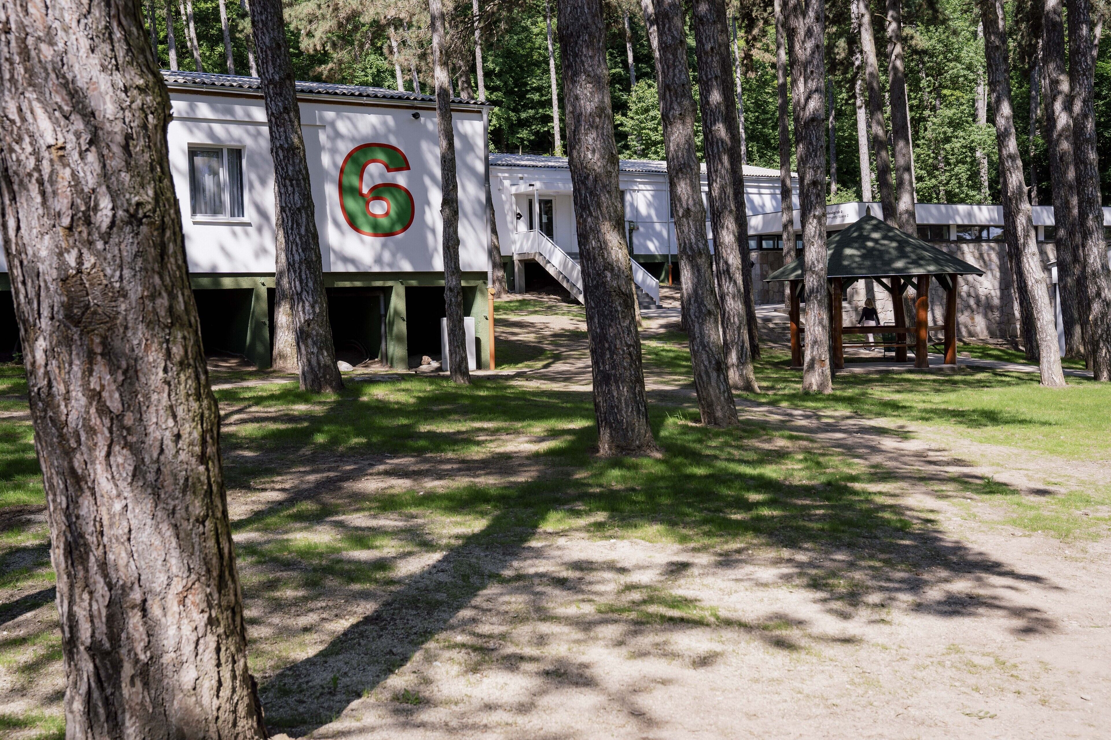 A cabin with a large number '6' sign, surrounded by trees.
