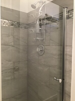 Combined shower/tub, hair dryer, towels, soap