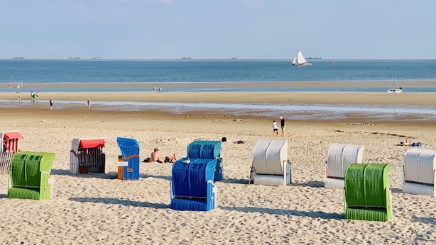 Una playa con hileras de sillas y sombrillas, un velero a lo lejos y un mar tranquilo.
