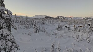 A snowy landscape with a winding road, snow-covered trees, and a cabin. - Fantastic and large cottage on top of Furuåsen in the heart of Sirdal (Tjørhom)