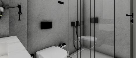 Un baño moderno con cabina de ducha de vidrio, inodoro y lavamanos.