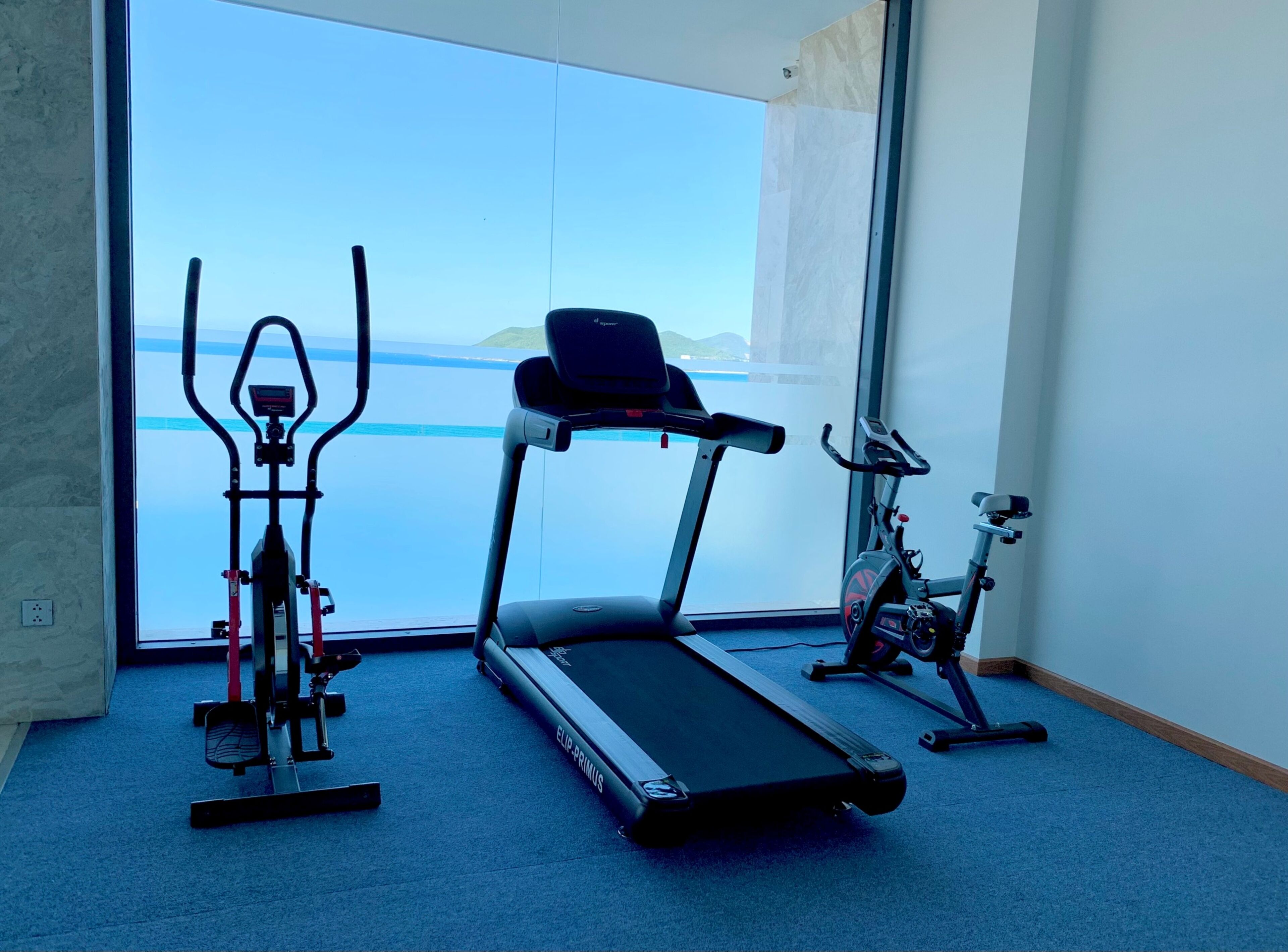 A gym with a treadmill, elliptical, and stationary bike, overlooking a body of water.