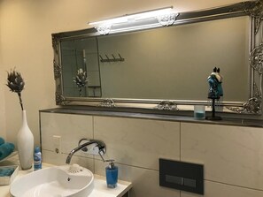 Shower, hair dryer, bathrobes, towels