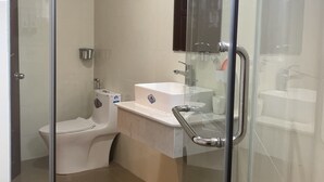 A modern bathroom with a glass shower enclosure, a white toilet, and a sink with a mirror above.