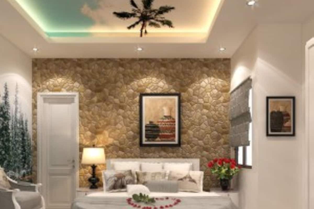 Een moderne slaapkamer met een stenen accentmuur, een rond bed, een nachtkastje, een lamp en een ingelijst schilderij.