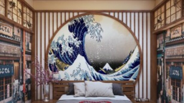 A traditional Japanese-style bedroom with a large wave painting on the wall, a bed with a dark headboard, and wooden paneling. - Tan Binh Hotel (Ho Chi Minh City)