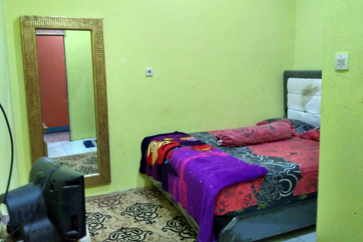 A small, single-bed room with a mirror, a television, and a patterned rug.