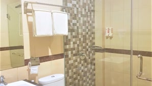 Ein Badezimmer mit Duschkabine, Waschbecken, Toilette und Spiegel mit Handtuchhalter.