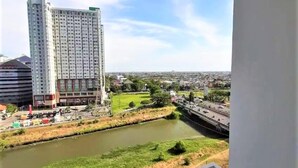 Een rivier met een brug, een hoog gebouw en een groen park.