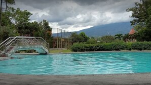 A swimming pool with a metal safety structure, surrounded by greenery and a mountainous backdrop. - Villa Primavera (Batu)