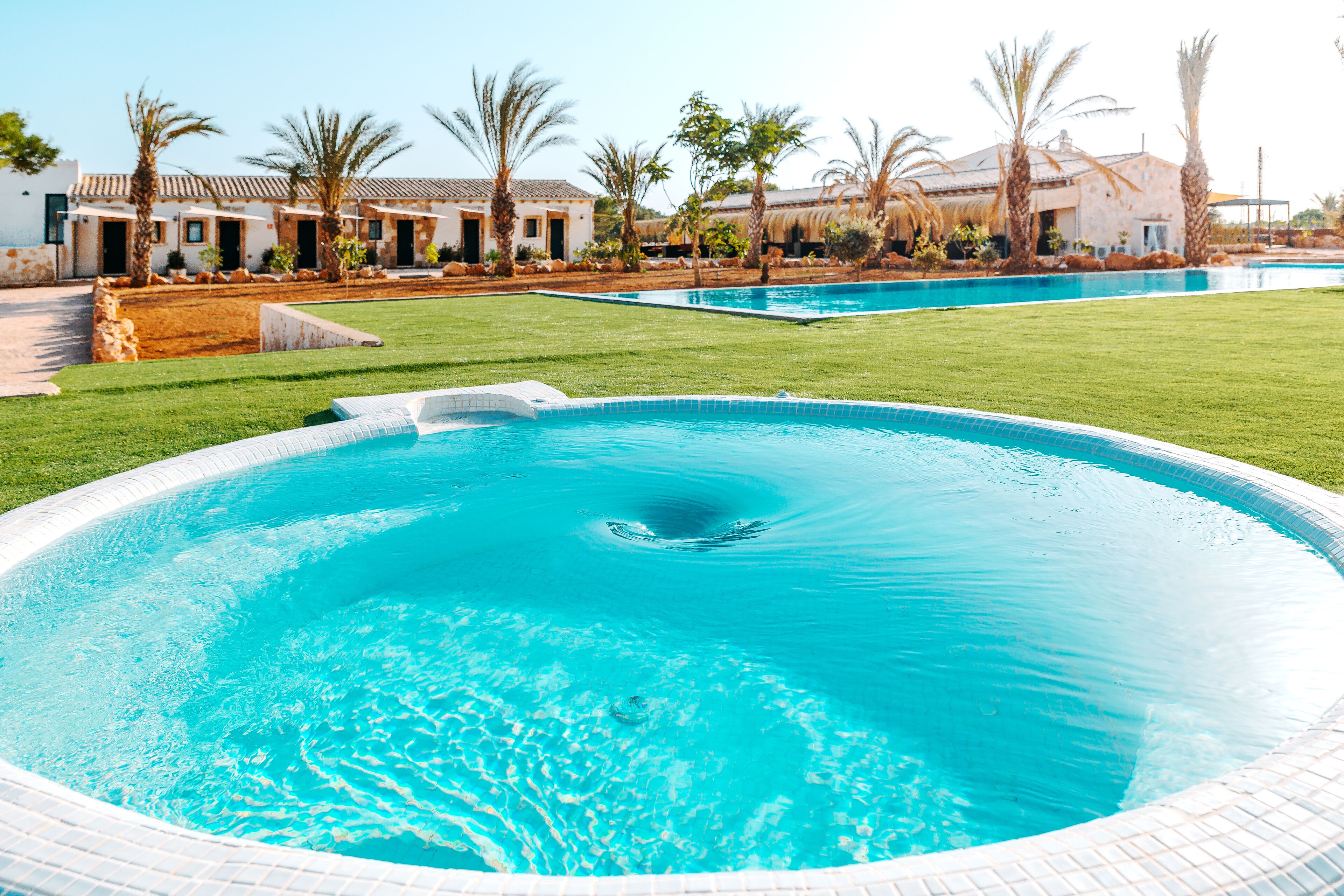 Una piscina con borde de azulejos, rodeada de césped y palmeras.