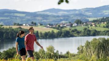 Ett par promenerar på en gräsklädd kulle med utsikt över en sjö, och i fjärran syns hus.