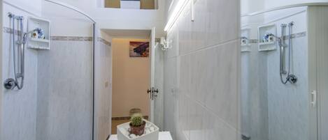Une salle de bain moderne avec deux douches séparées, une baignoire blanche et une plante en pot posée sur le meuble-lavabo.