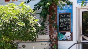 A storefront with a sign reading "STAR FISHES" and a chalkboard sign advertising "Your one Stop Market Shop for all things Fresh!"