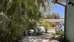 A gravel driveway leading to a building with a green exterior, a parked car, and lush tropical foliage.