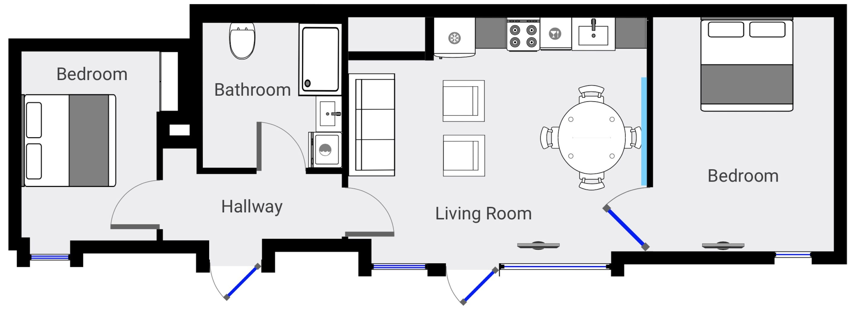 A floor plan of a house with a bedroom, bathroom, living room, and a hallway.