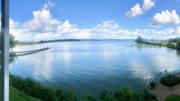 A view of a calm lake with a dock extending into the water, surrounded by greenery and a clear sky.