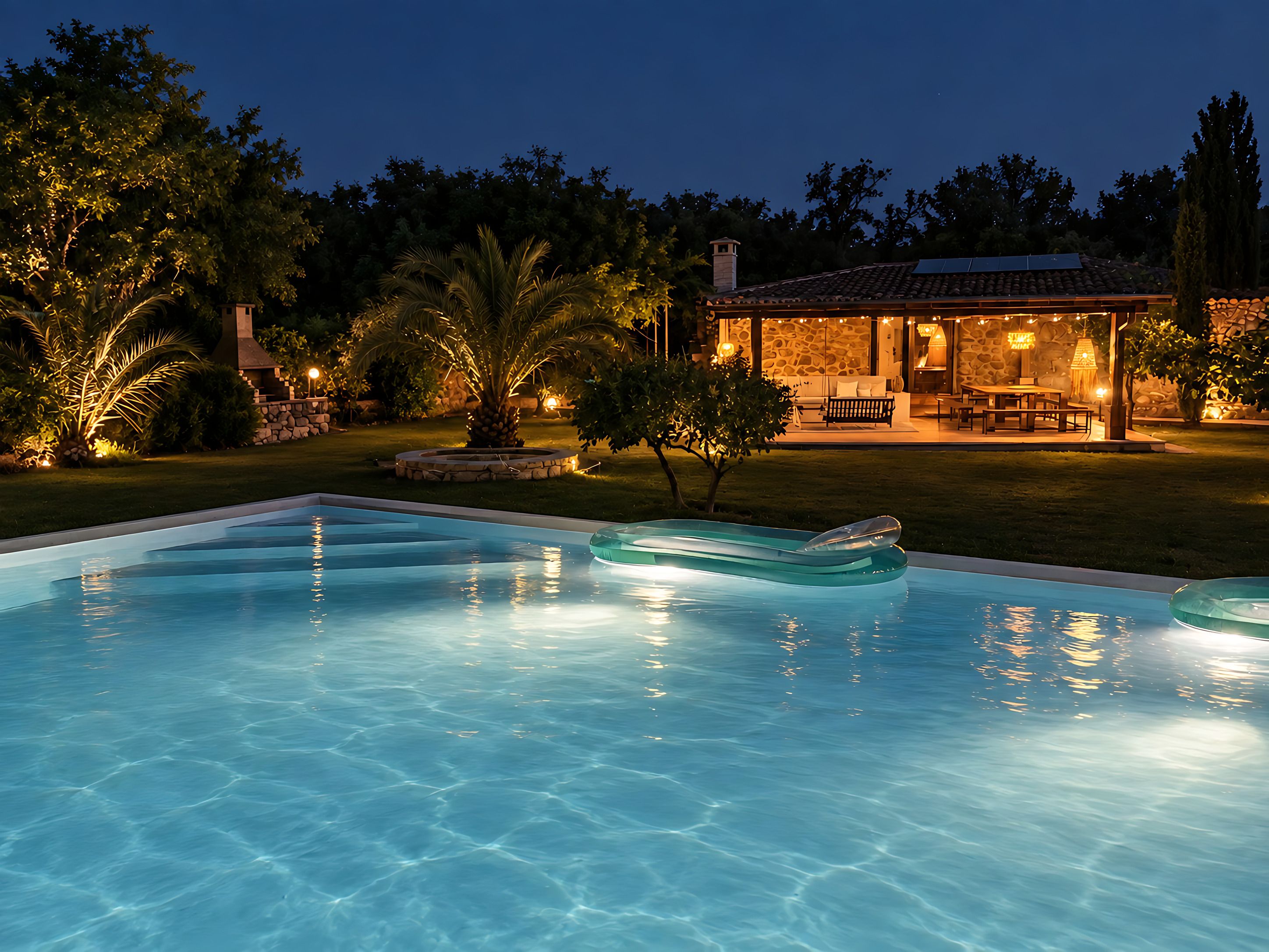 A swimming pool with clear water, surrounded by a well-lit patio area with outdoor furniture.